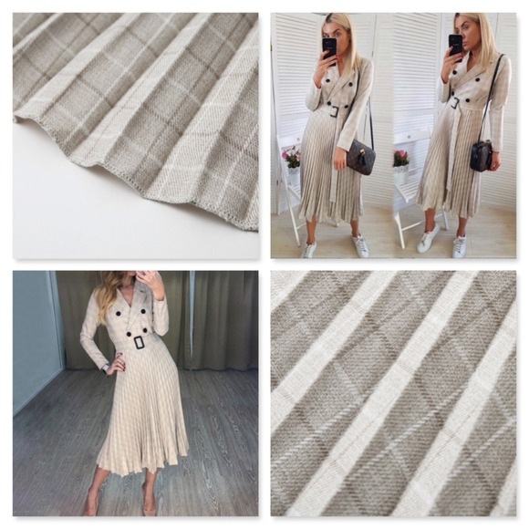 Plaid Beige Pleated Double Breasted Midi Dress - Picture 4 of 8